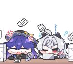  2girls ahoge anger_vein angry black_gloves black_hat black_horns blue_hair blue_hat bow chibi chibi_only commentary_request curled_horns earrings gloves hair_between_eyes hat highres holding horns jewelry long_hair looking_ahead lucilla_(wuthering_waves) mole mole_under_eye multicolored_hair multiple_girls one_eye_closed open_mouth paper paper_stack pencil purple_hair purple_hat red_eyes shirt simple_background sleepy squeans streaked_hair syurikenmaru v-shaped_eyebrows white_background white_eyes white_hair white_shirt wuthering_waves yellow_bow zani_(wuthering_waves) zzz 