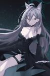  1girl :o animal_ear_fluff animal_ears aqua_background aqua_dress aqua_eyes aqua_halo black_background black_choker black_dress black_gloves black_halo blue_archive breasts breasts_apart cat_ears choker commentary cowboy_shot cross_hair_ornament detached_sleeves double-parted_bangs dress gloves gradient_halo grey_hair hair_between_eyes hair_ornament hairclip halo highres large_breasts long_dress long_hair looking_at_viewer messy_hair multicolored_halo off-shoulder_dress off_shoulder parted_lips shiroko_terror_(blue_archive) sleeveless sleeveless_dress solo thigh_strap two-sided_dress two-sided_fabric wrightia 