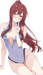  1girl arm_at_side armpit_crease bare_arms bare_legs bare_shoulders blush breasts cleavage closed_mouth commentary_request covered_navel facing_viewer hand_up idolmaster idolmaster_shiny_colors long_hair looking_at_viewer medium_breasts mogupon multicolored_one-piece_swimsuit one-piece_swimsuit osaki_amana ponytail red_hair simple_background sitting solo swimsuit unzipped white_background wide_hips yellow_eyes 