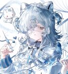  1girl 1other animal_ears blue_ribbon brown_eyes closed_mouth colored_eyelashes eyelashes eyepatch fake_animal_ears frills hair_ornament hairclip halo heart highres holding holding_syringe intravenous_drip long_hair long_sleeves looking_at_viewer one_eye_covered original portrait ribbon sample_watermark sidelocks solo_focus syringe two_side_up watermark white_eyelashes white_hair wu_tai_veeee 