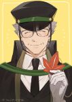  1boy ^_^ black_cape black_hat black_jacket black_necktie cape clock_over_orquesta closed_eyes closed_mouth collared_cape collared_shirt commentary_request facing_viewer glasses gloves green_ribbon grey_hair hand_up happy_aura harumi_kazuto hat highres holding holding_leaf jacket leaf long_sleeves male_focus maple_leaf necktie official_artist_extra old old_man origami peaked_cap rectangular_eyewear ribbon shirt short_hair simple_background smile solo stole straight-on sweater_guard upper_body white_gloves white_shirt wrinkled_skin yellow_background yo2gi_mmm 