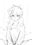  1girl :c breasts cleavage closed_mouth collarbone commentary_request feet_out_of_frame hair_over_shoulder highres jun_(navigavi) lips long_hair long_sleeves looking_at_viewer messy_hair monochrome nose off-shoulder_shirt off_shoulder original pajamas shirt sitting sketch sleepy small_breasts solo unfinished waking_up 