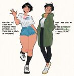  2girls :d \||/ black_eyes black_hair black_pants black_socks blue_shorts blush breasts celebelian coat commentary comparison cowlick cutoffs dark-skinned_female dark_skin dc_comics denim denim_shorts drawstring earrings english_commentary english_text full_body green_coat hands_in_pockets head_tilt heel_up high-waist_pants high-waist_shorts highres jewelry kneehighs large_breasts lois_lane long_coat long_sleeves looking_at_viewer medium_breasts multiple_girls my_adventures_with_superman nagi_(celebelian) nose_blush original pants paper_texture parted_lips pointing_out_the_details print_shirt shirt shoes short_hair short_sleeves shorts side-by-side simple_background smile sneakers socks standing stud_earrings superman_(series) swept_bangs t-shirt tamiya_incorporated teeth tomboy trait_connection two-sided_fabric upper_teeth_only very_short_hair waving white_background white_shirt white_shoes wide_hips yellow_trim 