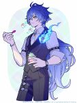  1boy antenna_hair apollo_hotori aqua_background argyle_background arm_belt artist_name belt black_belt black_pants blue_fire blue_hair border chain closed_mouth collared_shirt commentary cowboy_shot crossed_bangs cup empty_eyes eyeshadow fire flins_(baskin-robbins)_(genshin_impact) flins_(genshin_impact) food garter_belt genshin_impact gradient_hair grey_eyeshadow grey_shirt hair_between_eyes hair_ornament hair_tubes hands_up highres holding holding_cup holding_spoon ice_cream juliet_sleeves lantern long_hair long_sleeves looking_to_the_side low_ponytail makeup male_focus multicolored_hair necktie official_alternate_costume outside_border pants ponytail puffy_sleeves shirt single_hair_tube smile solo speech_bubble spoon standing thigh_strap two-tone_hair untranslatable_commentary very_long_hair watch watermark wavy_hair white_border white_hair white_necktie wristwatch yellow_eyes 