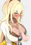 1girl 1other absurdres animal_print arm_between_breasts between_breasts blonde_hair blush bra breasts closed_mouth commentary dark-skinned_female dark_skin embarrassed flying_sweatdrops goddess_of_victory:_nikke green_eyes grey_background hair_between_eyes highres large_breasts leopard_print leopard_print_bra long_hair looking_at_another print_bra rupee_(nikke) shirt skirt solo_focus standing suga_kiiha sunglasses underwear white_shirt yellow_skirt 