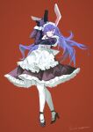  1girl absurdres alternate_costume animal_ears apron back_bow bow closed_mouth commentary dress enmaided full_body gloves gun handgun high_heels highres holding holding_gun holding_weapon kirisilence long_hair long_sleeves looking_at_viewer maid maid_apron maid_headdress neck_ribbon pantyhose purple_dress purple_gloves purple_hair purple_shoes rabbit_ears rabbit_girl red_background red_eyes red_ribbon reisen_udongein_inaba ribbon shoes signature simple_background smile solo touhou variant_set very_long_hair weapon white_apron white_bow white_pantyhose 