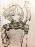  1girl bow_(weapon) breasts cloak closed_mouth commentary_request fingerless_gloves gloves graphite_(medium) hand_up highres jun_(navigavi) looking_at_viewer medium_breasts medium_hair monochrome nose original paper_background photo_(medium) shirt short_sleeves sketch solo traditional_media upper_body vambraces weapon weapon_on_back 