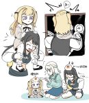  absurdres bang_dream! bang_dream!_our_notes black_dress black_hair black_ribbon blonde_hair carrying choker colored_inner_hair commentary dress fang hair_ribbon head_bump highres injury jtrevvwlofqmpth long_hair long_sleeves mahashi_miku midriff multicolored_hair multiple_girls open_mouth purple_eyes ribbon shinomiya_shizuku shirt shoulder_carry simple_background skirt smile suga_raika two_side_up untranslatable_commentary white_background white_hair 