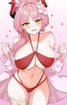  1girl ankomochi142 ass_visible_through_thighs bikini blue_archive blush breasts cleavage collarbone commentary_request earrings fang gradient_background heart highres horns jewelry large_breasts long_hair looking_at_viewer navel official_alternate_costume open_clothes open_mouth open_shirt pink_background pink_hair pink_shirt red_bikini red_horns satsuki_(blue_archive) satsuki_(swimsuit)_(blue_archive) shirt solo sweat swimsuit thigh_strap thighs yellow_eyes 