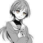  1girl closed_mouth commentary_request crossed_arms dress greyscale hair_ornament hasu_no_sora_school_uniform jellyfish_cut katsuragi_izumi long_hair long_sleeves looking_at_viewer love_live! love_live!_hasu_no_sora_jogakuin_school_idol_club monochrome neckerchief orange_eyes sailor_collar sailor_dress school_uniform shinanoya_(satanicad) shirt simple_background slit_pupils smile solo spot_color triangle_hair_ornament turtleneck turtleneck_shirt undershirt upper_body virtual_youtuber white_background winter_uniform 