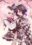  2girls bare_shoulders belt beret black_coat black_gloves black_hair black_hat black_kimono bow butterfly_hair_ornament butterfly_hat_ornament butterfly_print_kimono center_frills checkered_sleeves cherry_blossoms coat collared_coat commentary dress floral_print floral_print_kimono flower flower-trimmed_shorts flower-trimmed_sleeves frilled_sleeves frills furisode gloves gradient_hair hair_flower hair_ornament hat hat_flower hat_ornament hat_ribbon highres holding_hands housho_margo interlocked_fingers japanese_clothes kimono lolita_fashion long_sleeves mahou_shoujo_no_majo_saiban mini_hat mini_top_hat multicolored_hair multiple_girls munmun_cm neck_ribbon o-ring o-ring_thigh_strap off-shoulder_dress off_shoulder open_mouth pants pink_eyes pink_hair print_kimono purple_eyes ribbon sakuraba_ema shirt short_hair shorts sleeveless sleeveless_coat thigh_strap top_hat untranslatable_commentary wa_lolita white_flower white_hair white_pants white_ribbon white_shirt white_shorts white_sleeves wide_sleeves x_hair_ornament yuri 