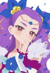  1girl beads blue_ribbon circlet detached_sleeves earrings frilled_sleeves frills hair_beads hair_ornament hair_ribbon hand_on_own_face highres jewelry long_hair long_sleeves looking_at_viewer milky_rose mimino_kurumi precure puckered_lips purple_hair red_eyes ribbon shigen_pr shirt solo twintails upper_body white_shirt yes!_precure_5 