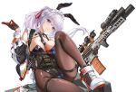  1girl animal_ear_hairband animal_ears ar-15 assault_rifle black_leotard black_necktie black_pantyhose breasts bullet bulletproof_vest bunny_day cleavage closed_mouth commentary detached_collar fake_animal_ears fatkewell foot_out_of_frame gloves gun hair_ribbon hairband half_gloves head_tilt high_heel_sneakers highres id_card jacket leotard long_hair looking_at_viewer maid_headdress medium_breasts multicolored_gloves multicolored_jacket necktie off_shoulder original pantyhose playboy_bunny ponytail purple_eyes rabbit_ear_hairband rabbit_ears red_ribbon ribbon rifle shoes short_necktie simple_background sneakers solo strapless strapless_leotard tactical_clothes tactical_playboy_bunny two-tone_gloves two-tone_jacket untranslatable_commentary weapon white_background white_hair white_wrist_cuffs wrist_cuffs 