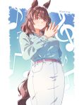  1girl animal_ears aqua_shirt beamed_eighth_notes belt blush breasts brown_hair closed_mouth commentary eighth_note hair_ornament hairclip highres horse_ears horse_girl horse_tail leoh_fng light_hello_(umamusume) long_hair long_sleeves medium_breasts musical_note pink_belt shirt skirt smile solo steepled_fingers tail treble_clef umamusume white_skirt 