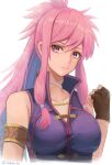  1girl armlet armpit_crease bare_shoulders blush breasts choker closed_mouth collarbone commentary_request fingerless_gloves fire_emblem fire_emblem:_the_sacred_stones gloves hand_up highres jewelry labebebe_lee large_breasts long_hair looking_at_viewer marisa_(fire_emblem) pink_eyes pink_hair ponytail purple_eyes purple_hair purple_tunic simple_background sleeveless solo tunic upper_body white_background white_choker 