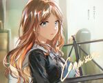  1girl bang_dream! bang_dream!_it's_mygo!!!!! black_shirt blue_eyes brown_hair chinese_commentary commentary_request commission grey_neckerchief highres long_hair music_stand nagasaki_soyo neckerchief open_mouth sailor_collar school_uniform shirt sidelocks solo translation_request tsukinomori_school_uniform tumaomao white_sailor_collar 