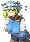  1girl absurdres arms_under_breasts asymmetrical_hair blue_eyes blue_hat blue_vest blush breasts brown_skirt commentary_request crossed_arms epaulettes frilled_hat frills green_hair hair_between_eyes hat highres long_sleeves looking_at_viewer raian_macaroni shiki_eiki shirt simple_background skirt sleeve_bow solo speech_bubble touhou translation_request vest white_background white_shirt 