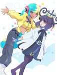  2girls aqua_hair baggy_pants bandeau belt black_dress black_hair black_mask blonde_hair blue_eyes blue_gloves blunt_bangs blush bob_cut breasts canari_(pokemon) coat commentary_request criss-cross_straps dark-skinned_female dark_skin dress gloves gwynn_(pokemon) hat jacket long_sleeves mask mask_pull mega_stone midriff mizuiro123 mouth_mask multicolored_hair multiple_girls navel o-ring o-ring_belt open_clothes open_coat open_mouth pants pantyhose partially_fingerless_gloves pokemon pokemon_legends:_z-a purple_eyes purple_hair short_hair smile split-color_clothes split-color_hair sports_bra twintails two-tone_hair two-tone_mask two-tone_pants white_coat yellow_bandeau yellow_jacket yellow_mask yellow_sports_bra 