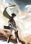  ascot black_hair boots cape dual_wielding highres holding jacket levi_(shingeki_no_kyojin) male_focus onakasuita paradis_military_uniform shingeki_no_kyojin solo sword thigh_strap three-dimensional_maneuver_gear weapon 