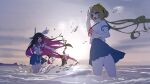  2girls alternate_costume arm_up black_hair black_hairband blue_eyes blue_skirt blush bow bow_hairband braid braided_bun brown_hair cloud cloudy_sky colored_inner_hair columbina_(genshin_impact) commentary_request cowboy_shot evening feathered_wings floating_hair from_behind genshin_impact gradient_hair hair_bow hair_bun hairband hand_up hands_up happy head_wings highres long_hair looking_at_another medium_skirt mochooo_oo multicolored_hair multiple_girls multiple_wings neckerchief ocean open_mouth outdoors pink_hair pleated_skirt purple_eyes red_neckerchief sailor_collar sandrone_(genshin_impact) school_uniform serafuku shirt short_hair_with_long_locks short_sleeves sidelocks skirt sky smile sun sunlight sunset two-tone_hair v-shaped_eyebrows very_long_hair wavy_hair white_bow white_shirt wings yellow_bow 