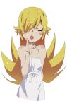  1girl arm_behind_back bare_shoulders blonde_hair blush_stickers closed_eyes commentary_request dress fang gesugesu_ahoaho hair_over_one_eye highres index_finger_raised long_hair monogatari_(series) open_mouth oshino_shinobu pointing pointing_up pointy_ears simple_background skin_fang sleeveless sleeveless_dress solo vampire very_long_hair watanabe_akio_(style) white_background white_dress 