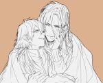 2boys blush brown_hair closed_mouth commentary_request cuddling dramatical_murder hug hug_from_behind kuwa_ayase long_hair looking_at_another male_focus mink_(dramatical_murder) multiple_boys seragaki_aoba shared_blanket simple_background teeth upper_body yaoi 