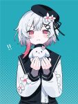  ! !! 1girl belt beret black_coat black_hat blue_background blush_stickers center_frills closed_mouth coat collared_coat commentary_request flower flower-trimmed_sleeves frills gradient_hair hair_flower hair_ornament hat hat_flower hat_ribbon highres holding holding_stuffed_toy long_sleeves looking_at_viewer mahou_shoujo_no_majo_saiban multicolored_hair mumesan2 pink_eyes pink_hair ribbon sakuraba_ema shirt short_hair sleeveless sleeveless_coat solo straight-on stuffed_toy white_flower white_hair white_shirt white_sleeves x_hair_ornament 