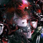  1girl apple blood blood_on_face brown_eyes choker crab_hair_ornament ear_piercing eyelashes eyeshadow face_piercing fang food fork freckles fruit hair_ornament highres holding holding_fork intravenous_drip lip_piercing long_hair looking_at_viewer makeup mianbao_zong_hui_you_de one_eye_covered original piercing portrait red_hair sidelocks solo teeth tongue tongue_out upper_teeth_only watermark 