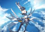  1girl absurdres aqua_halo aris_(armed)_(blue_archive) aris_(blue_archive) armored_boots black_gloves black_hair black_thighhighs blue_archive blue_boots blue_eyes blue_komett blue_skirt boots breasts cloud commentary flying gloves hair_between_eyes halo highres leotard long_hair mecha multicolored_boots robot showgirl_skirt skirt sky small_breasts solo thighhighs two-tone_boots upside-down very_long_hair white_boots white_leotard 