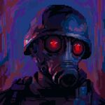  1boy blue_background body_armor combat_helmet commentary gas_mask glowing glowing_eyes helmet hexh highres hunk_(resident_evil) male_focus mask pixel_art portrait purple_background red_eyes resident_evil soldier stahlhelm 