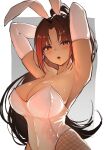  1girl absurdres alternate_costume animal_ears ap_cammy arm_up armpits artist_name bare_shoulders blush breasts brown_eyes brown_hair cleavage commentary_request cowboy_shot curtained_hair elbow_gloves fake_animal_ears fatal_fury fishnet_pantyhose fishnets gloves grey_background highleg highleg_leotard highres large_breasts leotard long_hair looking_at_viewer low_neckline open_mouth pantyhose parted_bangs playboy_bunny ponytail presenting_own_armpit rabbit_ears revision shiranui_mai simple_background solo standing strapless strapless_leotard street_fighter street_fighter_6 the_king_of_fighters white_background white_gloves white_leotard white_pantyhose 