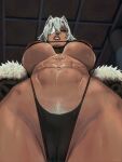  1girl abs absurdres animal_ear_fluff animal_ears blurry blurry_background breasts breasts_apart closed_mouth commentary dark-skinned_female dark_skin derivative_work eyepatch female_pubic_hair from_below fur-trimmed_sleeves fur_trim ghislaine_dedoldia grey_hair hair_between_eyes hair_over_one_eye highres huge_breasts indoors long_hair looking_at_viewer looking_down mushoku_tensei navel orange_eyes partially_visible_vulva pubic_hair scar scar_on_stomach screenshot_redraw sneer solo sweat torashu-kun underboob white_hair 