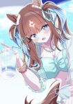  1girl absurdres almond_eye_(natsuzora_chirutime)_(umamusume) almond_eye_(umamusume) animal_ears aqua_bikini bikini blue_bikini blue_eyes blush breasts brown_hair cleavage coat colored_inner_hair commentary_request cup hair_ornament hairclip highres holding holding_cup horse_ears horse_girl horse_tail jewelry large_breasts long_hair looking_at_viewer multicolored_hair necklace official_alternate_costume open_mouth see-through_clothes see-through_coat shia0016 swimsuit symbol-shaped_pupils tail twintails umamusume wet x-shaped_pupils 