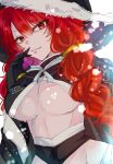  1girl artist_name bad_id bad_twitter_id black_cape black_gloves black_hat braid breasts cape cleavage dated fairy_tail gloves hand_up hat highres impossible_clothes irene_belserion large_breasts long_hair looking_at_viewer morizuki_yuma multiple_braids red_eyes red_hair revealing_clothes solo white_background witch_hat 