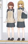  2girls absurdres ankle_socks bag black_bow black_skirt black_socks blonde_hair blush blush_stickers bow braid breasts brown_eyes brown_hair brown_shoes closed_mouth collared_shirt commentary_request dress_shirt flying_sweatdrops hair_over_shoulder highres holding_hands interlocked_fingers kopaka_(karda_nui) loafers long_hair long_sleeves low_twintails multiple_girls open_mouth original pleated_skirt puffy_long_sleeves puffy_sleeves ribbed_socks ringed_eyes school_bag school_uniform shirt shoes skirt small_breasts socks sweater_vest twin_braids twintails white_shirt yuri 