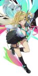  1girl absurdres black_shoes black_skirt black_socks blonde_hair blue_eyes blush braid braided_bangs breasts cleavage colorful_background commentary_request dress_around_one_leg earrings full_body gamyoru green_necktie grin hair_ornament headphones headphones_around_neck highres holding holding_unworn_clothes holding_unworn_jacket id_card jacket jewelry kneehighs large_breasts leaning_forward long_hair long_sleeves looking_at_viewer lynae_(wuthering_waves) multicolored_eyes necktie pleated_skirt pouch purple_eyes school_uniform shirt shirt_tucked_in shoes skirt skull_hair_ornament smile socks solo star_(symbol) star_earrings thigh_pouch thigh_strap unworn_jacket white_jacket white_shirt wuthering_waves 