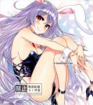  1girl alternate_costume animal_ears bare_legs between_breasts black_leotard black_shoes breasts bunny_day censored chacham cleavage closed_mouth clothes_between_breasts commentary_request detached_collar fetal_position fingernails high_heels large_breasts leotard long_hair looking_at_viewer nail_polish necktie necktie_between_breasts playboy_bunny purple_hair purple_nails rabbit_ears rabbit_girl rabbit_tail red_eyes red_necktie reisen_udongein_inaba shoes short_necktie sideboob simple_background smile solo tail thighs touhou traditional_media twitter_username very_long_hair watermark white_background white_wrist_cuffs wrist_cuffs 
