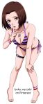  1girl absurdres anklet barefoot bent_over bikini black_background bracelet breasts brown_eyes brown_hair cleavage collarbone copyright_name facial_mark finger_to_mouth full_body groin halterneck hand_on_own_knee highres index_finger_raised jewelry leaning_forward looking_at_viewer medium_breasts naruto_(series) naruto_shippuuden navel necklace nohara_rin open_mouth purple_bikini shiny_skin short_hair shushing side-tie_bikini_bottom simple_background solo standing string_bikini striped_bikini striped_clothes swimsuit thigh_strap triangle_bikini_top uzimaho13 