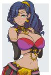  1girl absurdres arm_under_breasts blue_hair border breasts bridal_gauntlets cleavage commentary crescent crescent_earrings dark-skinned_female dark_skin earrings fire_emblem fire_emblem:_fortune's_weave green_eyes grey_background grin hair_over_one_eye hand_on_own_chest highres in2naps jewelry large_breasts leda_(fire_emblem) looking_at_viewer narrow_waist navel outside_border pink_lips simple_background skindentation smile solo standing stomach white_border wide_hips 