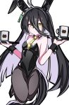  1girl ahoge animal_ears bare_shoulders black_hair black_leotard black_pantyhose black_wrist_cuffs blush bow bowtie breasts closed_mouth collarbone commentary detached_collar ear_tag earrings hair_between_eyes highres holding holding_tray horse_ears horse_girl horse_tail jewelry kikkasoon leotard long_bangs long_hair long_hair_between_eyes looking_at_viewer manhattan_cafe_(umamusume) multicolored_hair nontraditional_playboy_bunny pantyhose simple_background single_earring small_breasts solo tail tray umamusume white_hair wrist_cuffs yellow_eyes 