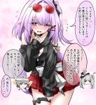  1boy 2girls black_choker black_hat black_shirt breasts caelus_(honkai:_star_rail) castorice_(honkai:_star_rail) choker commentary_request cosplay cowboy_shot embarrassed eyewear_on_head grey_hair hair_ornament hand_up hat heart heart_choker highres honkai:_star_rail honkai_(series) ka_(pixiv50193712) leaning_forward long_hair looking_at_viewer low_twintails mark_under_both_eyes medium_breasts multiple_girls open_mouth peanut_mouth pink_background plaid_clothes plaid_skirt pointy_ears purple_eyes purple_hair red-tinted_eyewear red_eyes red_skirt shirt short_hair skirt skirt_tug solo_focus sparkle_(honkai:_star_rail) sparxie_(candy-coated_waves)_(honkai:_star_rail) sparxie_(honkai:_star_rail) sparxie_(honkai:_star_rail)_(cosplay) speech_bubble thigh_strap tinted_eyewear trailblazer_(honkai:_star_rail) translation_request twintails very_long_hair yellow_eyes 