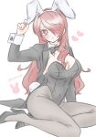  1girl animal_ears awane428 black_bow black_bowtie black_jacket black_shoes blush bow bowtie breasts bunny_day cleavage commentary detached_collar fake_animal_ears hairband high_heels jacket kirijou_mitsuru large_breasts leotard long_hair pantyhose persona persona_3 playboy_bunny rabbit_ears rabbit_tail red_eyes red_hair shoes solo strapless strapless_leotard tail tailcoat_playboy_bunny untranslatable_commentary white_background white_hairband white_wrist_cuffs wrist_cuffs 