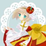  1girl arch_bishop_(ragnarok_online) back_bow blue_background blue_eyes bow brown_hair closed_mouth commentary_request cowboy_shot cross crown dormir_(challco) dress expressionless juliet_sleeves long_sleeves looking_at_viewer looking_to_the_side mini_crown puffy_sleeves ragnarok_online red_crown red_dress sash short_hair solo two-tone_dress white_dress wide_sleeves yellow_bow yellow_sash 