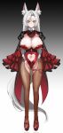  1girl animal_ear_fluff animal_ears arms_at_sides breasts brown_pantyhose cleavage closed_mouth clothing_cutout corrupted_twitter_file eun_soyeon_(lustyfox) fox_ears fox_girl full_body gradient_background highleg highleg_leotard highres huge_breasts leotard long_hair long_sleeves looking_at_viewer magenta981114 mole mole_on_breast navel navel_cutout original pantyhose red_leotard red_shoes shoes simple_background smile solo standing stomach tail thigh_strap thighs white_hair 