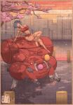  1girl absurdres bra breasts building cherry_blossoms cityscape commentary falling_petals fuchikoma full_moon ghost_in_the_shell highres kusanagi_motoko lake looking_down moon navel nihonga non-humanoid_robot panties petals red_bra red_panties road robot shadow single_strap sitting sitting_on_mecha skyscraper sunlight the_ghost_in_the_shell_(2026) ukiyo-e underwear yagibex 