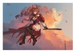  1girl absurdres angelina_(arknights) angelina_the_mellow_wish_(arknights) animal_ears arknights aviation_obstruction_lighting bare_shoulders bird black_boots black_collar black_gloves black_hairband black_thighhighs boots border brown_hair cloud collar commentary_request cotton_candy cumulonimbus_cloud day dot_nose dress fox_ears fox_girl gloves hairband high_heel_boots high_heels highres infection_monitor_(arknights) long_hair orange_eyes outdoors paina_(xc428) pleated_dress red_dress sitting smile solo staff_riding thighhighs twintails white_border white_dress 