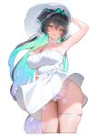  1girl absurdres alternate_costume arm_up armpits black_hair blue_hair blush breasts bubble cleavage colored_inner_hair commentary cropped_legs crossed_bangs dress earrings goddess_of_victory:_nikke hair_between_eyes hair_intakes hat highres jewelry large_breasts little_mermaid_(nikke) long_hair looking_at_viewer multicolored_hair panties pantyshot side-tie_panties simple_background single_earring skindentation smile solo thigh_strap underwear untranslatable_commentary very_long_hair white_background white_dress white_hat white_panties wonbin_lee 