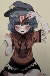  1girl @_@ arm_up black_nails black_ribbon black_skirt blue_hair blush clenched_hand commentary_request dezombification dirty dirty_clothes dirty_face grey_eyes hat hat_ornament highres holding igarashi_yuusuke_(wabisabi_buriki) jiangshi looking_at_viewer miyako_yoshika newsboy_cap ofuda purple_hat red_shirt ribbon sharp_teeth shirt short_hair short_sleeves skirt solo star_(symbol) star_hat_ornament teeth touhou upper_body wide_sleeves 