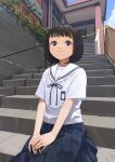 1girl balcony black_hair black_skirt blue_bow blue_bowtie blue_ribbon blue_skirt blue_sky bob_cut bow bowtie brown_eyes building chain closed_mouth cloud collared_shirt commentary_request day door dress_shirt foliage grass hands_on_lap highres looking_at_viewer name_tag neck_ribbon original otsu_natsu outdoors own_hands_together pleated_skirt railing raised_eyebrows ribbon sailor_collar school_uniform serafuku shirt short_hair short_sleeves sitting sitting_on_stairs skirt sky smile solo stairs stone_stairs stone_wall white_sailor_collar white_shirt 