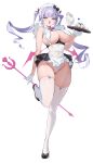  1girl :d absurdres armpit_crease bare_shoulders black_bow black_shoes blunt_bangs bow breast_curtains breasts character_request check_character collared_shrug commentary covered_navel demon_girl demon_horns demon_wings fang floating_hair food full_body garter_belt gloves groin half_gloves highleg highleg_leotard highres holding holding_polearm holding_tray holding_weapon horns houkisei large_breasts leotard long_hair looking_at_viewer maid maid_headdress maid_leotard open_mouth original pancake pink_horns pink_wings polearm purple_eyes purple_hair see-through_clothes shoes shrug_(clothing) simple_background skin_fang skindentation smile solo standing standing_on_one_leg teapot thighhighs thighs tray trident twintails unconventional_maid weapon white_background white_garter_belt white_gloves white_shrug white_thighhighs wings 